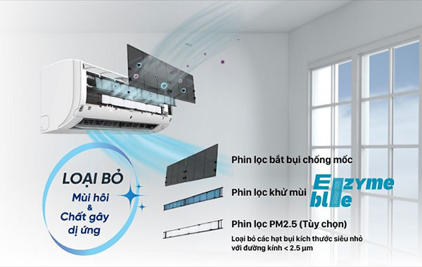 Máy lạnh Daikin FTKZ - lọc khí với phin lọc Enzyme Blue và phin lọc PM2.5